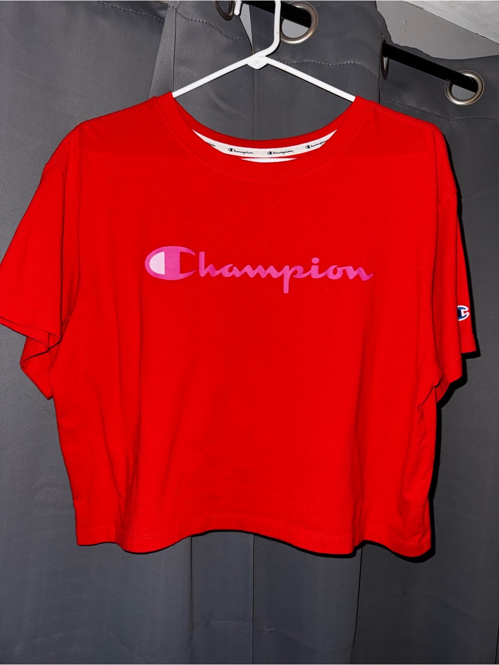 Champion Red Crop Top with Pink Script Logo